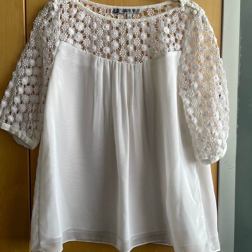 Jennifer Lopez White Crochet Yoke Chiffon Blouse